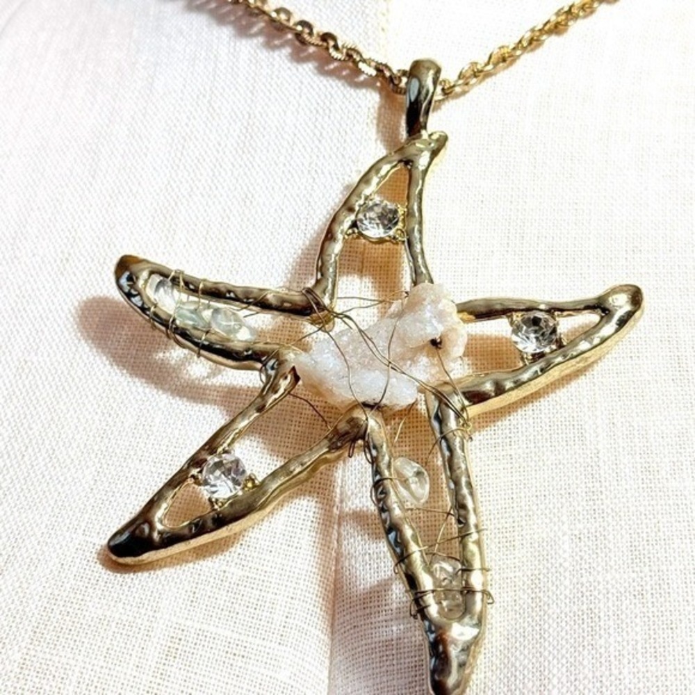 Gold Starfish Pendant Necklace with Faux Shell Inlay 29" chain w/ 2" extension - Picture 3 of 4